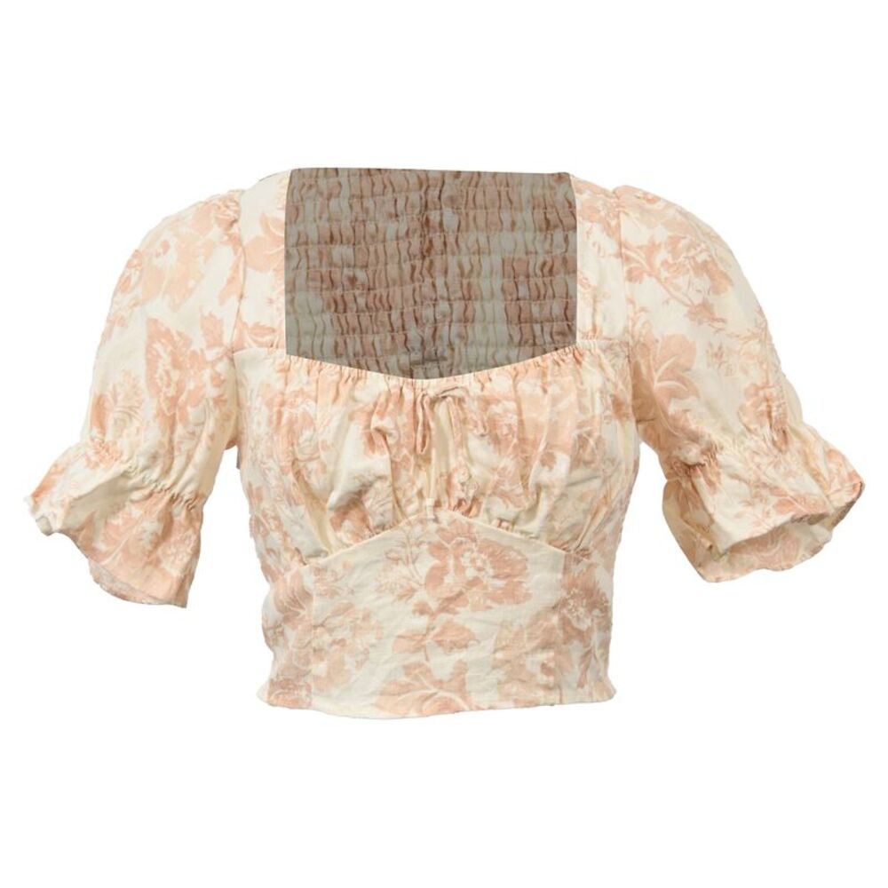 Reformation Delevan Puffed Sleeve Crop Top in Peach Linen